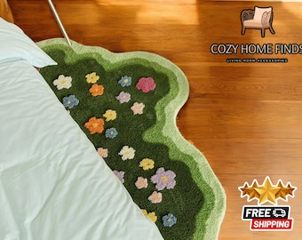 Floral Moss Rug: Modern Green Flower Area Carpet
