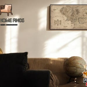 Tapisserie d'art mural carte du monde | Impression photo de la Terre du Milieu | Décoration suspendue en toile encadrée | Affiche du salon et de la chambre à coucher