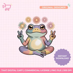 Retro Hippie Frog PNG Clipart | Peace Sign Frog Sublimation Design | Groovy Flower PNG for Stickers Mugs Shirts Journals
