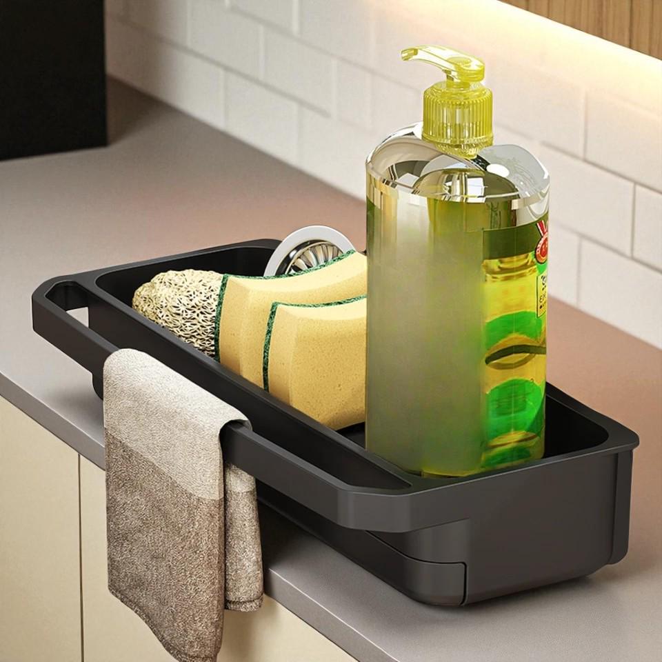 Sponge Holder for Kitchen Sink with Removable Tray – No-Drill Adhesive Organizer Rack, Rust-Proof & Space-Saving