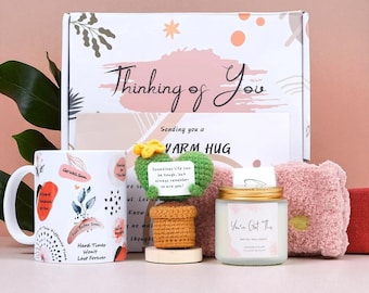 Get Well Soon Gift Box for Women, Thinking of You Comfort Basket with Mug, Candle, Socks & Crochet Plant, Care Package for Sick Friend