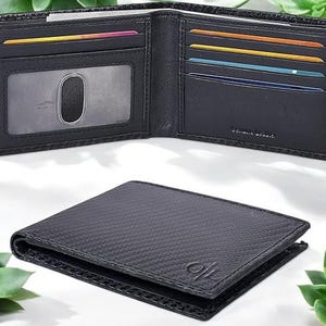 Cartera fina de cuero para hombre - Bolsillo frontal plegable minimalista con bloqueo RFID, fina y elegante, con ventana para identificación, regalo perfecto