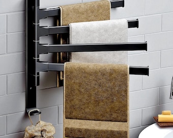 Wall Mounted Swivel Towel Rack, 4 Arm Rotating Towel Holder with Hooks, Space Saving Bathroom Organizer Aluminum