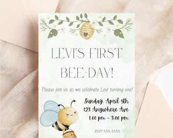 First "Bee-Day" Birthday Invitation. Customizable template for bumble bee birthday themes!