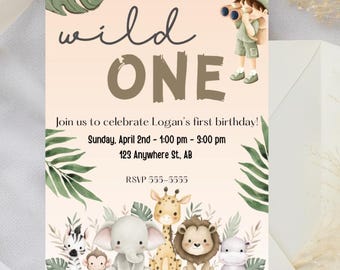 Wilde verjaardagsuitnodiging. Aanpasbare sjabloon voor dieren/dierentuin/safariverjaardagsfeestje!