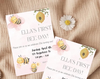 First "Bee-Day" Birthday Invitation. Customizable template for bumble bee birthday themes!
