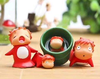 4pcs Ponyo on the Cliff Mini Figures Set | Studio GhibIi Terrarium Decor | Cute Anime Cake Toppers | Ponyo in Bucket Garden Ornament | DIY M