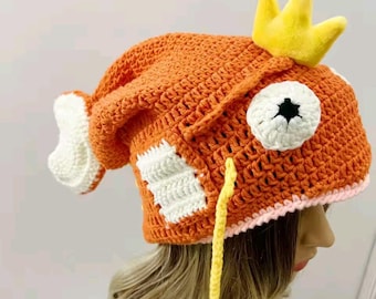 Crocheted Orange Magic Carp Karp Hat | Fish King Beanie with Crown | Inspired Knitted Winter Hat | Anime Gamer Cosplay Gift | Unisex