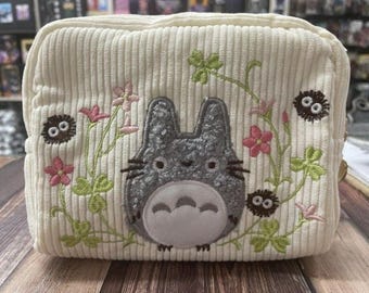 Embroidered Totoro Corduroy Makeup Bag | Ivory Studio GhibIi Cosmetic Pouch | Cute Floral & Soot Sprite Zipper Case | Kawaii Travel Toiletry