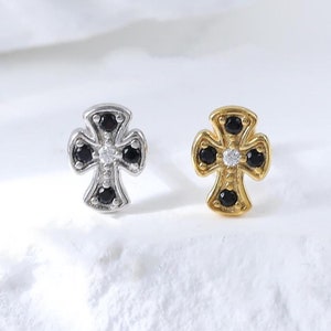 Sterling Silver Diamond Cross Helix Push Back Stud • 925 Silver Gemstone Conch Threadless Pin Earring • Dainty Cross Nostril Tragus Piercing