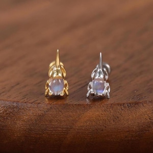 Könnte beinhalten: Zwei Ohrstecker, einer goldfarben und einer silberfarben, jeweils mit einem kleinen, runden, irisierenden Stein. Die Ohrringe liegen auf einer dunklen Holzoberfläche. Der goldene Ohrring befindet sich links, der silberne rechts.