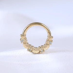 Dainty Swiss Blue Topaz Shell Nose Clicker • Solid 14K Gold Swiss Blue Topaz Daith Hoop Earring • Beach Island Septum Ring Hinged Hoop 16G