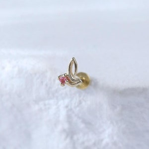 Dainty Butterfly Helix Push Pin Stud • Solid 14K Gold Wings Gemstone Flat Push Back Piercing • 14K Gold Pink Tourmaline Conch Tragus Earring