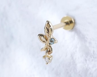 Tiny Dangle Leaf Shaped Push Pin Earring • Solid 14K Gold Swiss Blue Topaz with Moissanite Stud • Leaf Tragus Conch Threadless Pin Flat Back