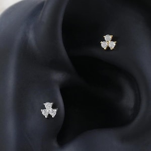 Sterling Silber Tiny Triple Runde Helix Druckverschluss • 925er Silber Edelstein Nasenloch Conch Threadless Push Pin Stud • 14K Gold Knorpelohrring