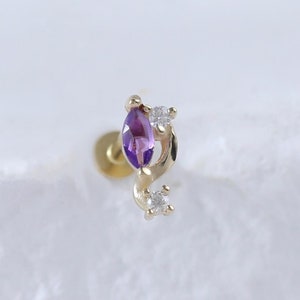 Dainty Amethyst with Moissanite Helix Push Pin Stud • Solid 14K Gold Conch Flat Push Back Piercing • 14K Gold Bouquet Earlobe Tragus Stud