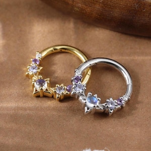 Clicker Daith en argent sterling avec étoiles et pierre de lune • Tanzanite en argent 925 avec septum en moissanite Clicker sans couture • Créoles articulées en améthyste 16 g