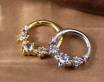 Sterling Silver Stars Moonstone Daith Clicker • 925 Silver Tanzanite with Moissanite Septum Seamless Clicker • Amethyst Hinged Hoop 16G