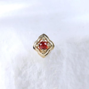 Dainty Garnet Floral Threadless Push Pin • Solid 14K Gold Garnet Helix Earlobe Earring • Tiny Gemstone Conch Flat Back Cartilage Piercing