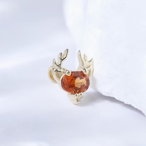 Tiny Elk Antler Fanta Push Pin Earring • Solid 14K Gold Orange Garnet Deer Conch Earlobe Threadless Pin Flat Back • Dainty Christmas Gift