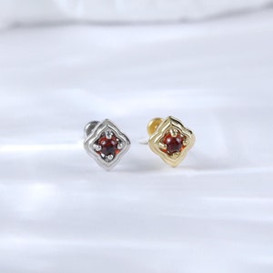 14K Gold Garnet Floral Helix Earring • 925 Silver Gemstone Nose Conch Earlobe Threadless Pin Stud • Floral Cartilage Flat Push Back Piercing