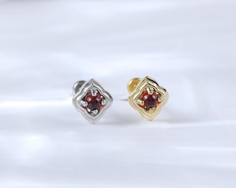14K Gold Garnet Floral Helix Earring • 925 Silver Gemstone Nose Conch Earlobe Threadless Pin Stud • Floral Cartilage Flat Push Back Piercing