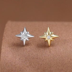 Sterling Silver Moissanite Star Flat Back Stud • 14K Gold Plated Cartilage Threadless Push Pin • Celestial Helix Lobe Conch Tragus Earring