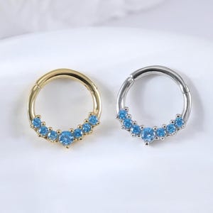 14K Gold Blue Diamond Daith Hinged Clicker • Sterling Silver Gemstone V Shaped Nose Hoop Clicker • Dainty Septum Ring Seamless Clicker 16G