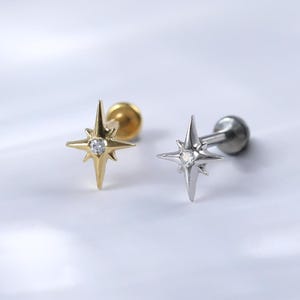 Sterling Silver Dainty Star Flat Back Earring • 925 Silver Diamond Helix Conch Tragus Piercing • Gemstone Earlobe Push Back Threadless Stud