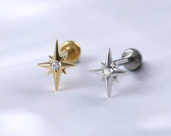 Sterling Silver Dainty Star Flat Back Earring • 925 Silver Diamond Helix Conch Tragus Piercing • Gemstone Earlobe Push Back Threadless Stud