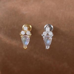 Dewdrop Glow Moonstone Stud Earring • 925 Silver Polished Gemstone Threadless Push Pin • 14K Gold Moissanite Cartilage Helix Tragus Piercing