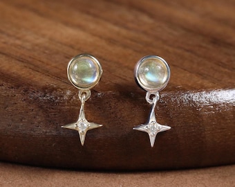 Broche de plata de ley con piedra lunar arcoíris y moissanita en forma de estrella • Colgante con diamante simulado en forma de hélice y cartílago de concha, parte trasera plana sin rosca