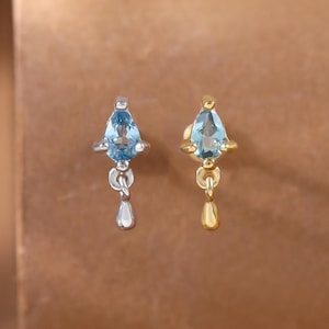 London Blue Topaz Teardrop Dangle Stud Earring • Minimalist 925 Silver Gemstone Threadless Push Pin • Dainty Cartilage Helix Lobe Piercing