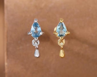 London Blue Topaz Teardrop Dangle Stud Earring • Minimalist 925 Silver Gemstone Threadless Push Pin • Dainty Cartilage Helix Lobe Piercing