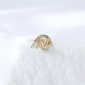 Zierlicher Moissanit mit Pink Turmalin Wellen Ohrstecker • Massiv 14K Gold Pink Turmalin Helix Ohrläppchen Ohrring • Conch Flat Back Daith Piercing