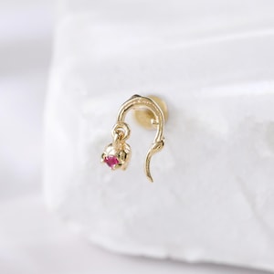 14K Solid Gold Ruby Rose Vine Stud Earring • Botanical Twist Dangle Gemstone Cartilage Threadless Push Pin • Nature-Inspired Helix Lobe Stud