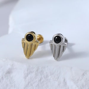 Sterling Silver Black Spinel Helix Push Pin Stud • 925 Silver Black Gemstone Shield Conch Threadless Stud • Silver Shield Flat Back Piercing