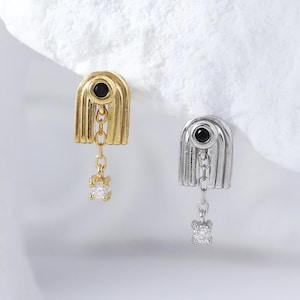 Sterling Silver U-Shaped Diamond Helix Stud • 925 Silver Dangle Chain with Moissanite Earlobe Earring • Gold Black Spinel Tragus Piercing