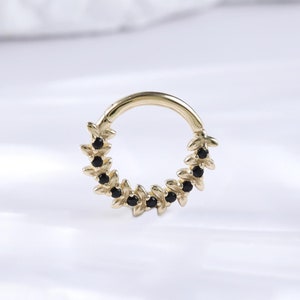 Black Onyx Olive Leaf Daith Clicker • Solid 14K Gold Gemstone Conch Septum Seamless Clicker • Gold Black Onyx 16G Nose Ring Clicker Hoop