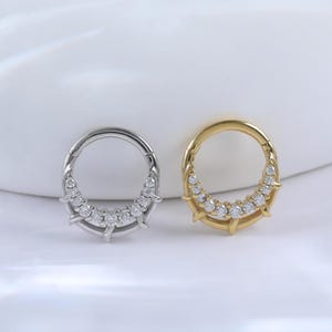 Sterling Silver Moissanite Crescent Daith Earring • 925 Silver Diamond Cartilage Seamless Clicker • 14K Helix Hinged Hoop Septum Ring 16G