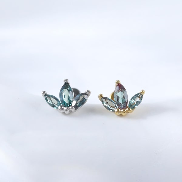 Sterling Silver Fan Alexandrite Threadless Push Pin • 925 Silver Gemstone Helix Cartilage Piercing • 14K Fan Conch Tragus Flat Back Earring