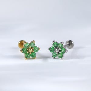 Real Gold Plated Tsavorite Floral Conch Earring • Sterling Silver Green Garnet Nose Piercing • Flower Tragus Helix Flat Push Back Piercing