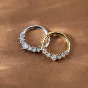 Sterling Silver Diamond Daith Hoop Clicker • 925 Silver Gemstone Septum Seamless Hinged Clicker • Diamond Nose Clicker V Shaped Ring 16G