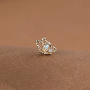 Tiny Butterfly Conch Tragus Threadless Earring • Solid 14K Gold Labradorite with Moissanite Stud • Wing Helix Flat Back Cartilage Piercing