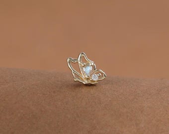Tiny Butterfly Conch Tragus Threadless Earring • Solid 14K Gold Labradorite with Moissanite Stud • Wing Helix Flat Back Cartilage Piercing