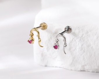 Sterling Silver Dangle Ruby Rose Vine Threadless Push Pin • 925 Silver Dainty Flower Helix Piercing • Rose Conch Cartilage Flat Back Earring