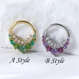 Piercing Clicker em Prata de Lei com Pedras Preciosas Multicoloridas • Brinco Daith com Ametista Banhado a Ouro • Argola para Septo Sem Costura • Piercing de Argola com Diopsídio