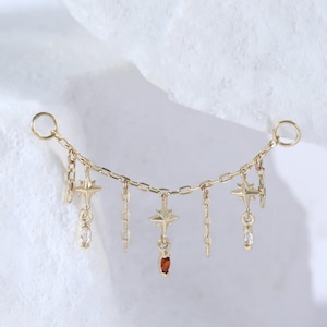 Catena a maglie industriali con elica in granato Dainty Stars • Catena pendente in oro massiccio 14 carati • Catena con piercing alla cartilagine • Catena avvolgente con conchiglia in topazio bianco e oro