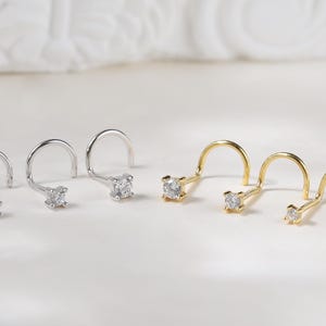 Sterling Silver Tiny Screw Nose Stud • 14K Gold Plated Moissanite S Shaped Nose Stud • Dainty 925 Silver Simulated Diamond Nose Piercing 20G