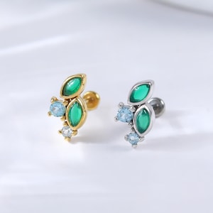 14K Gold Swiss Blue Topaz Threadless Push Pin • 925 Silver Chrysoprase Helix Conch Cartilage Earring • Gemstone Leaf Flat Back Piercing